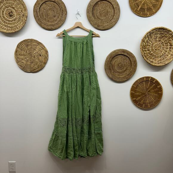 Free People Carla Lace Maxi Dress Medium Moss Green Sleeveless Boho Long Summer - Picture 4 of 8